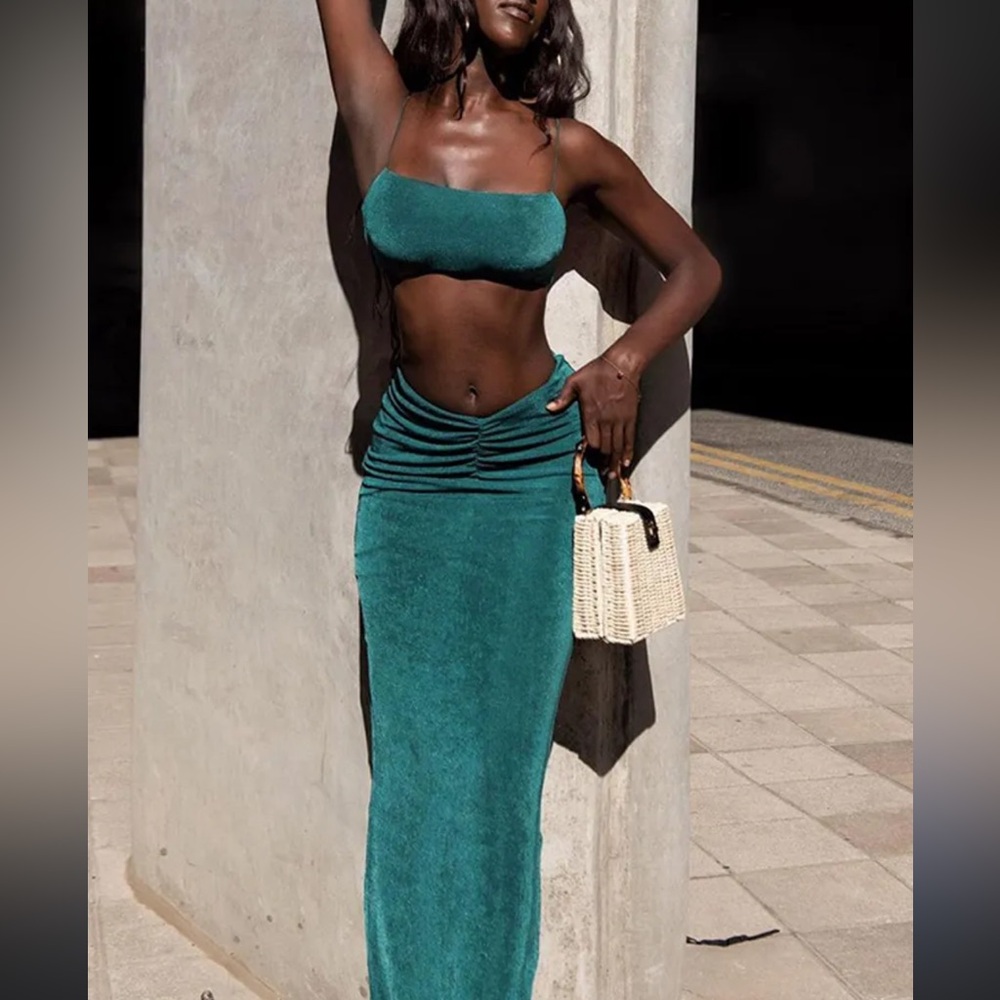 Teal Ruched Maxi Skirt and top set- Women